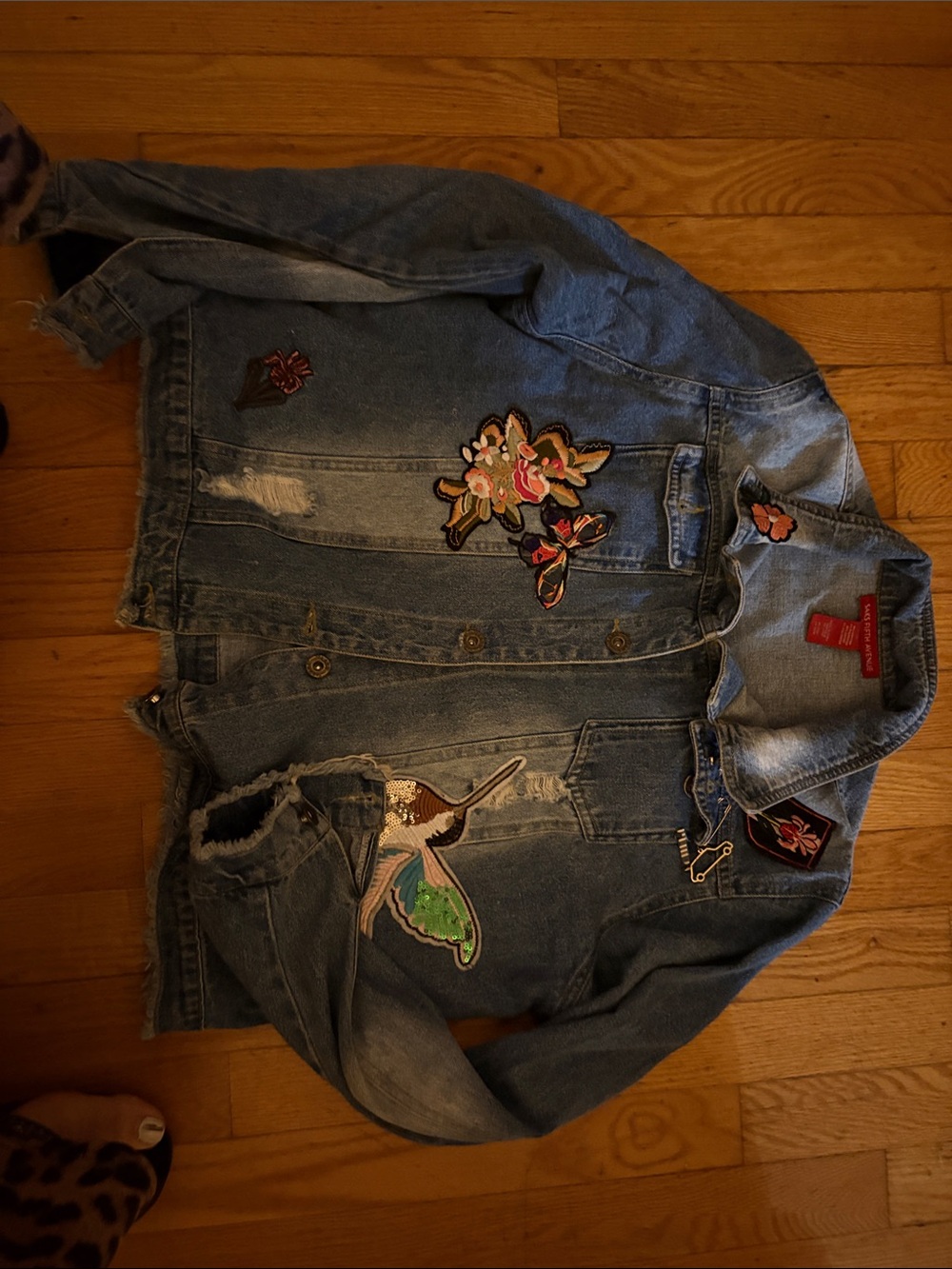 Saks Fifth Avenue Light Wash Denim Jacket with Floral & Hummingbird Patches